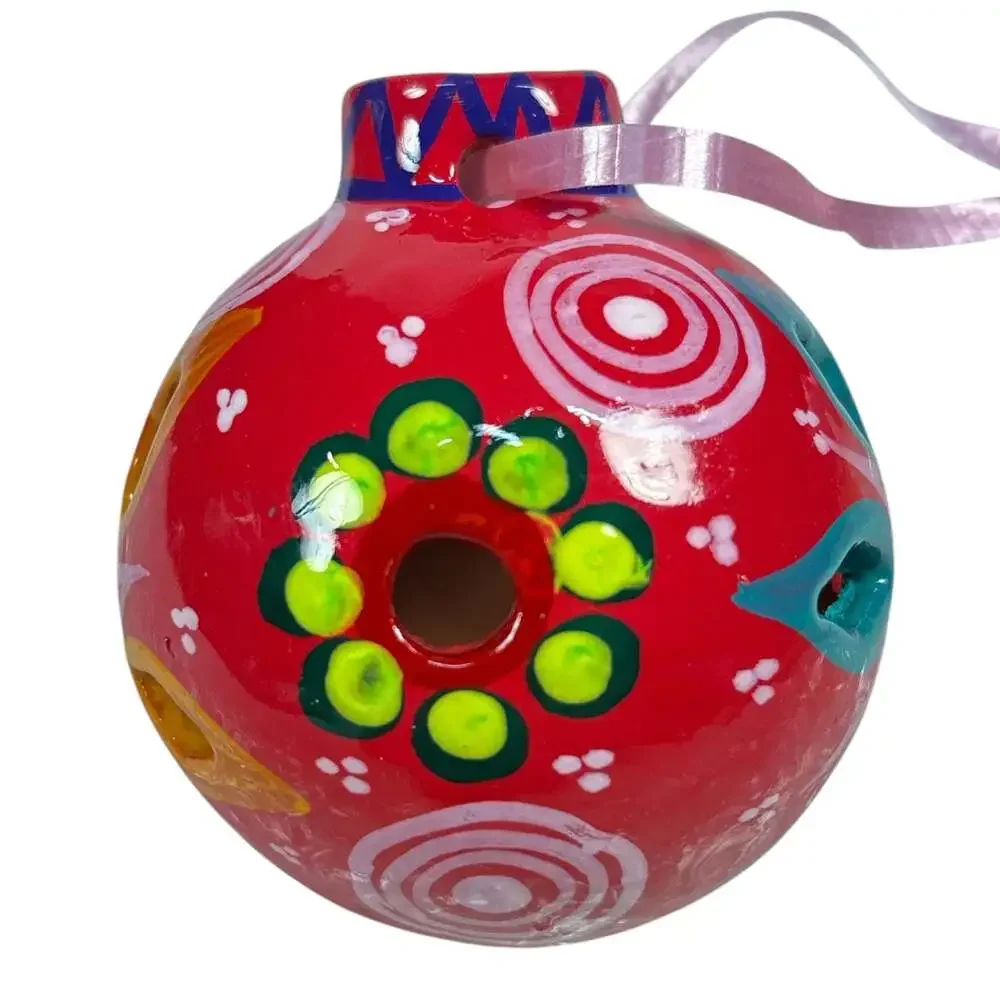 Pink Taravera Mexican Folk Art Clay Hand Painted Christmas Ornament Ball Floral